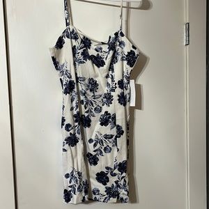 Lush White Fitted Dress with Navy Flowers